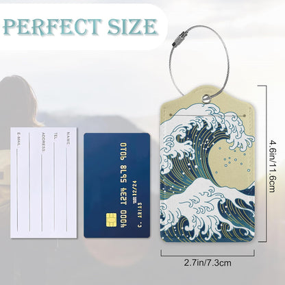Luggage Tags for Suitcase,2 Pack Japanese Ocean Wave Luggage Tag Leather Privacy Cover ID Label with Stainless Steel Loop for Women Men Kids Girls Travel