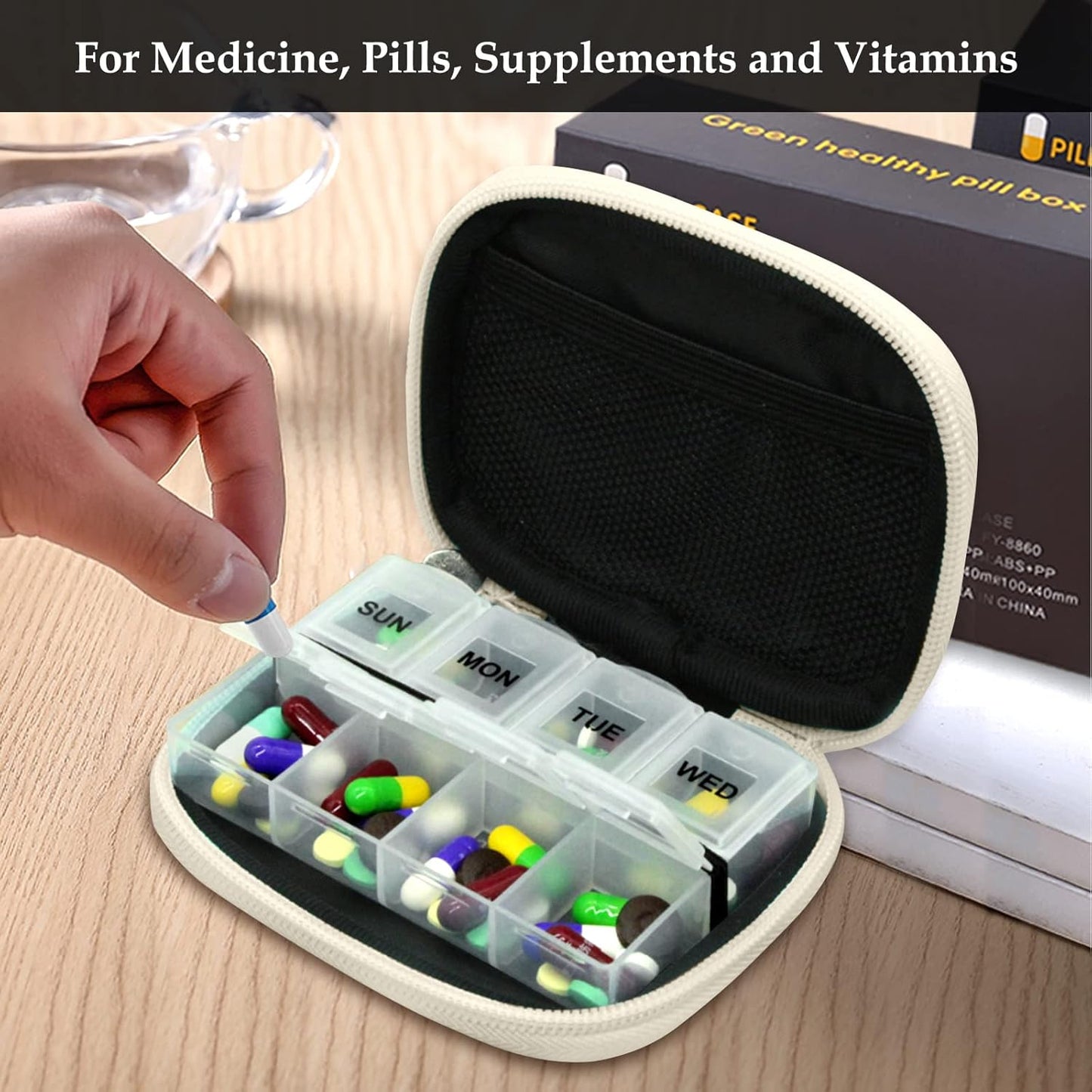 Serfeymi Weekly Travel Pill Organizer Case for Purse with Removable 7 Day Pill Box, Fashionable Pill Container for Medicine, Vitamin, Supplement - Bloom 01