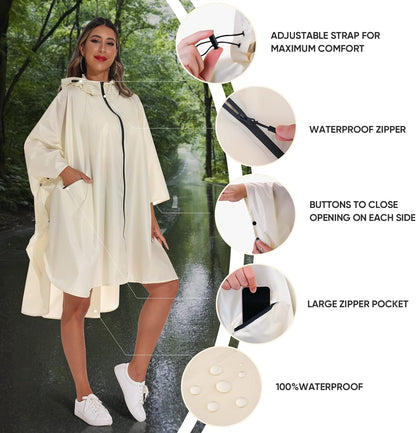 PTEROMY Hooded Rain Poncho for Adult with Pocket and Zipper, Waterproof Lightweight Raincoat for Men and Women