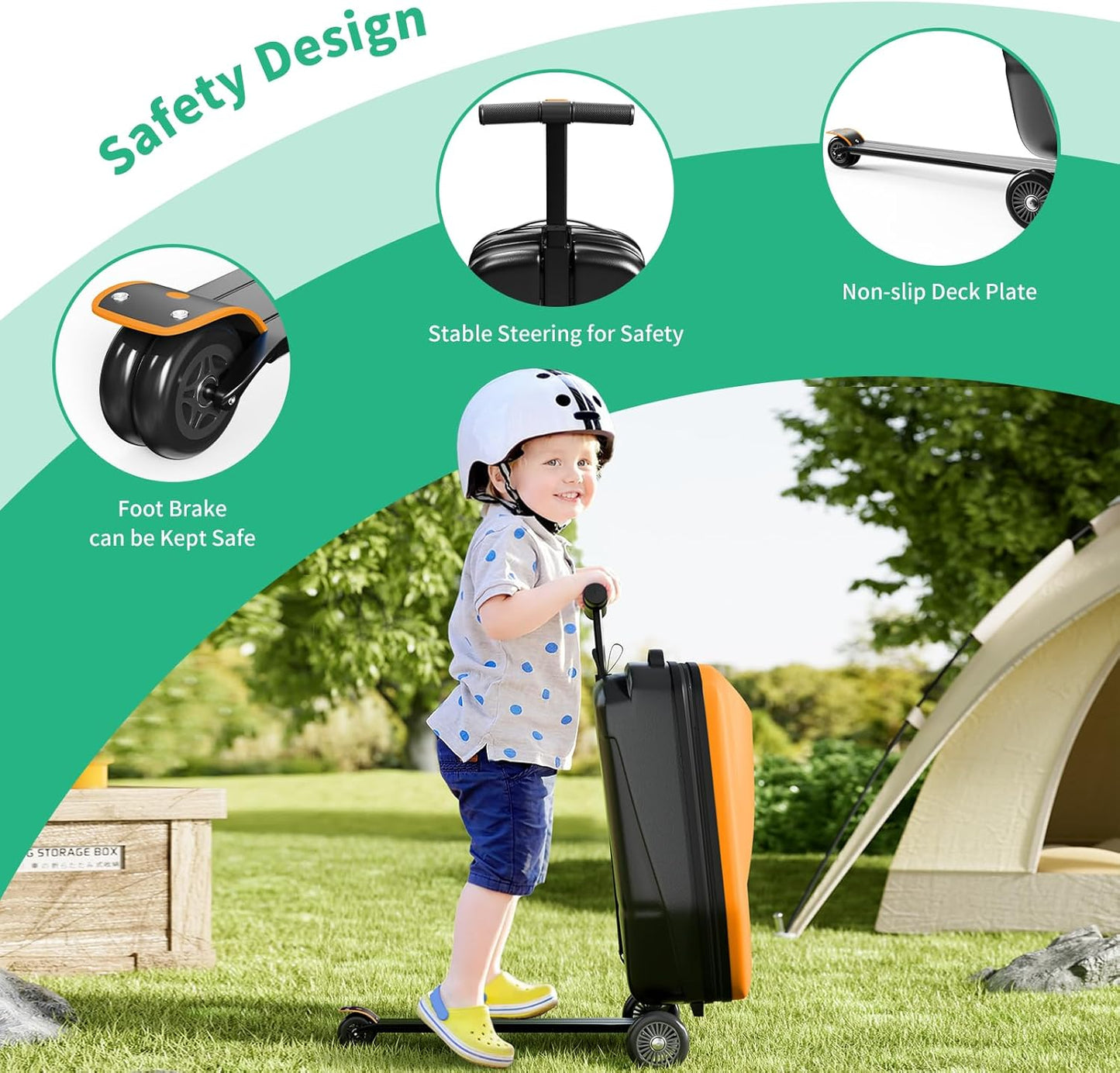 Scooter Hardshell Kids' Luggage, Foldable Carry on Kids Suitcase with Telescopic Handle for Travel, Multifunctional Ride On Lightweight Luggage with Wheels, Vitality Orange