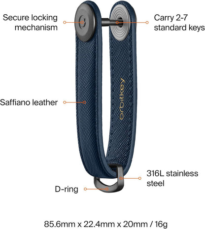 Orbitkey Saffiano Leather Key Organiser | Holds up to 7 keys, Oxford Navy