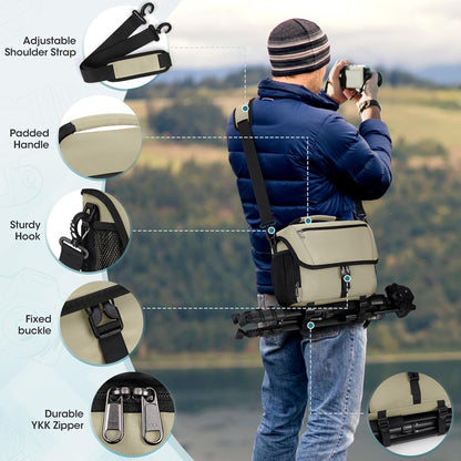 RAINSMORE Camera Bag, DSLR/SLR/Mirrorless Camera Case with Tripod Holder Waterproof Camera Sling Bag Crossbody Camera Bags for Photographers with Rain Cover for Canon/Nikon/Sony/Fuji, Khaki
