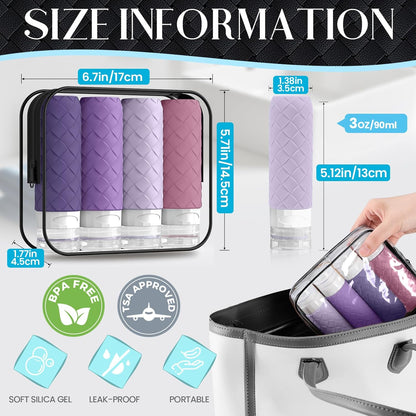 Travel Bottles for Toiletries, TSA Approved Silicone Travel Size Containers for Toiletries, BPA Free Leak Proof Refillable Essentials Accessories, Shampoo and Conditioner Bottles (Purple)