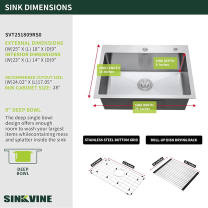 25-Inch Drop-In Kitchen Sink, SINKVINE 25" x 18" Stainless Steel Indoor and Outdoor Sink, Top Mount Large Deep Single Bowl Sink for Laundry Room, with Drain Strainer, Bottom Grid, Roll-up Drying Unit