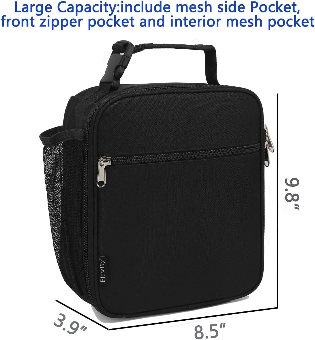FlowFly Kids Lunch Box Insulated Letter Print Soft Bag Mini Cooler Back to School Thermal Meal Tote Kit for Girls, Boys, Black