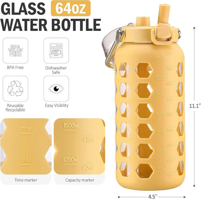 MUKOKO 64oz Glass Water Bottles with Straw and Lid,Half Gallon Water Bottle with Time Marker,Large Glass Water Jug with Silicone Sleeve and Stainless Steel Handle-Yellow