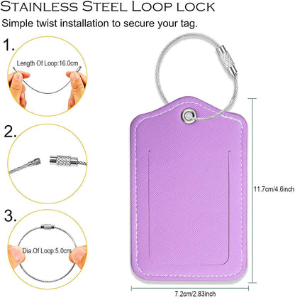 Luggage Tags for Suitcases-Leather Luggage Tag 4 Pack with Loops Cute Bag/Backpack/Suitcase Tags Travel Essentials for Flying (Violet)