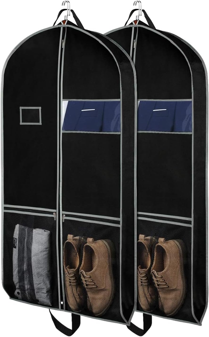 Zilink Garment Bags Suit Bag for Travel and Storage 43 inches Gusseted Suit Cover Protector for Closet with 2 Large Pockets and 2 Carry Handles for Suit Coat, Dress, Set of 2