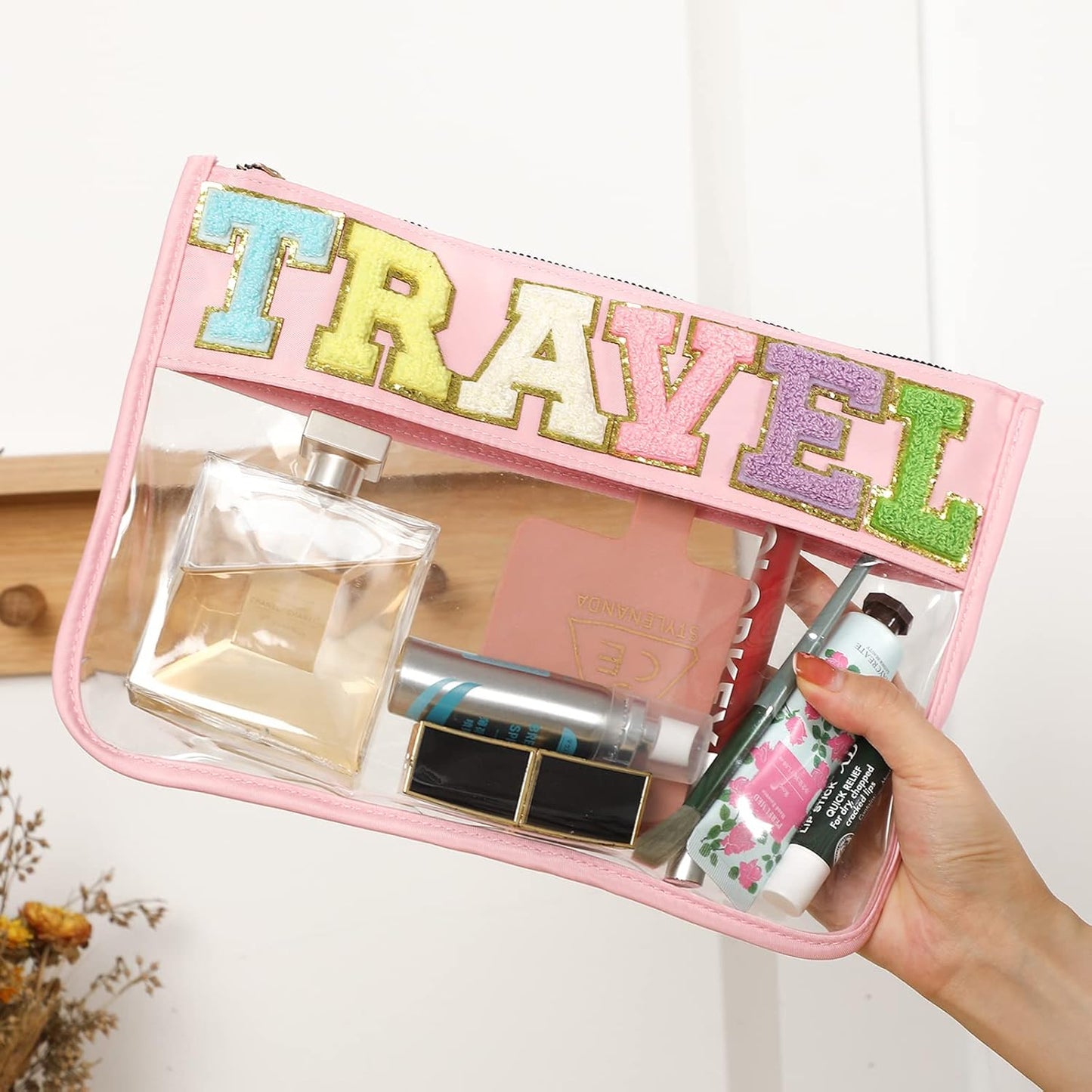 DYSHAYEN Chenille Letter Clear Zipper Pouch for Travel,Nylon Clear Cosmetic Bag,Makeup Travel Bag for Women Girls 11.8 Inches x 8.2 Inches