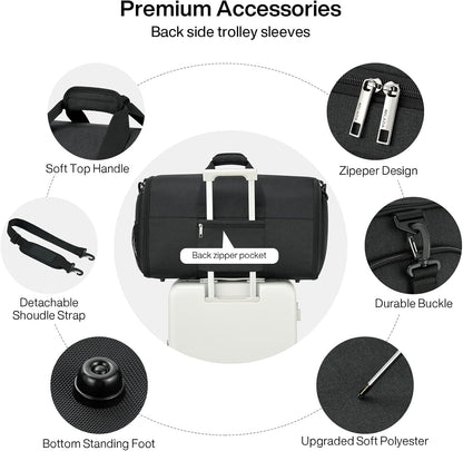 MILADA Convertible 2-in-1 Garment Duffel Weekender Bag Carry On Garment Bags for Travel Hanging Clothes Suit Bag Foldable Personal Item Business Overnight Bag with Shoe Compartment, Black