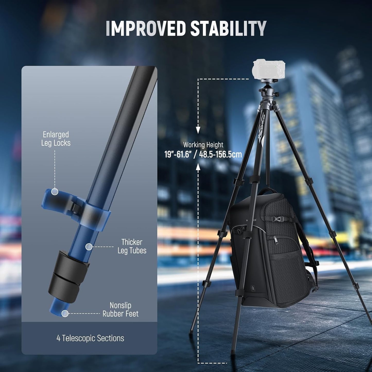 NEEWER LITETRIP LT07 61" Aluminum Travel Tripod for Camera w Pan Tilt Low Profile Ball Head, Arca QR Plate Compatible with Peak Design Tripod Plate V3, Dual Center Axis, Phone Holder, Max Load 22lb