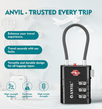 ANVIL TSA Approved Luggage Locks – High Security TSA008 Combination Travel Locks with Inspection Indicator for Suitcases and Backpacks. (6, Black)
