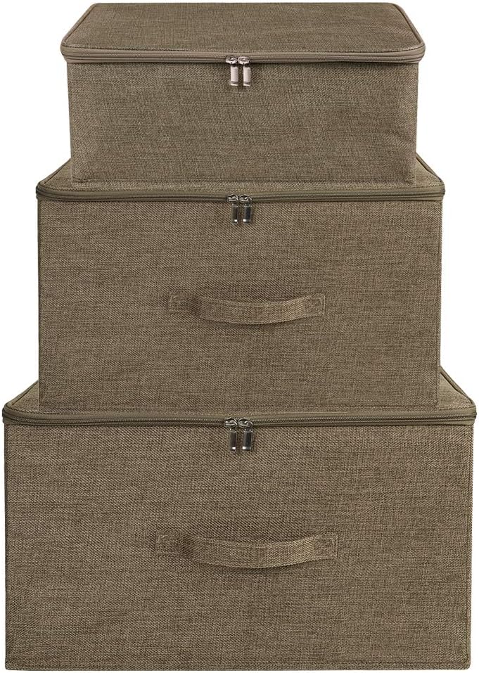 ANMINY 3PCS Storage Bins with Zipper Lids 51.9 Qt Lidded Fabric Storage Boxes Baskets Cubes with Handles Collapsible Washable Cotton Linen Closet Shelf Clothes Organizer - Coffee, Extra Large