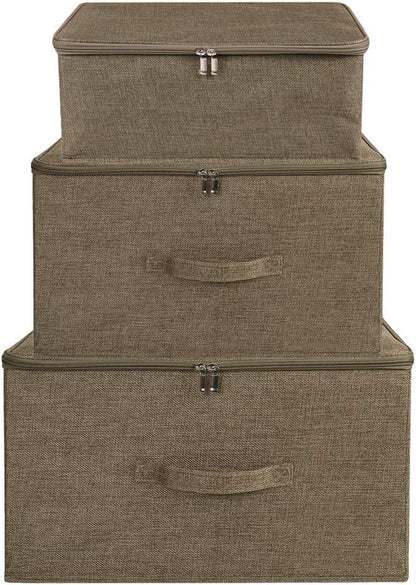 ANMINY 3PCS Storage Bins with Zipper Lids 51.9 Qt Lidded Fabric Storage Boxes Baskets Cubes with Handles Collapsible Washable Cotton Linen Closet Shelf Clothes Organizer - Coffee, Extra Large