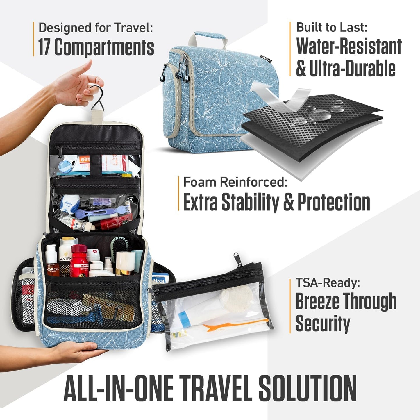 VENTURE 4TH Hanging Travel Toiletry Bag for Women & Men - Travel Organizer with Expandable Compartments & Removable Clear Pouch for Toiletries (Blue Flowers)