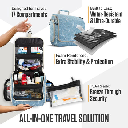 VENTURE 4TH Hanging Travel Toiletry Bag for Women & Men - Travel Organizer with Expandable Compartments & Removable Clear Pouch for Toiletries (Blue Flowers)