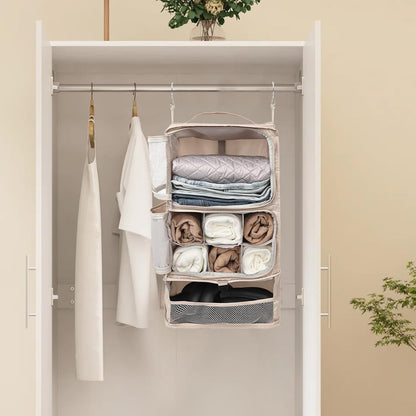 TABITORA Travel Portable Hanging Shelves Closet Organizer Packing Luggage Organizer and Storage with Multifunctional and Foldable Invisible Compartment,Lightweight, for Suitcase, RV,Closet…Beige,XL
