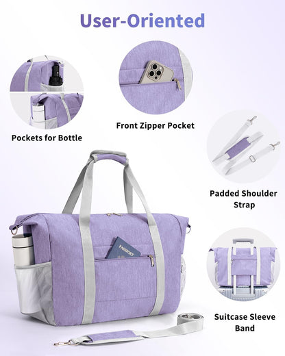 Narwey 18x14x8 Inches Travel Bag Spirit Airlines Frontier Personal Item Bag, Travel Duffel With Wet Pocket Carry on Bag for Airplane Underseat Duffle Overnight for Women and Men (Purple)