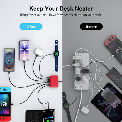 USB C Fast Charger 100W GaN 6 Port Type USB C Charging Station Hub Block Wall Charger Power Strip Adapter Plug Cube Brick 3 USB A for iPad iPhone 17 16 15 14 13 12 11 Pro Max
