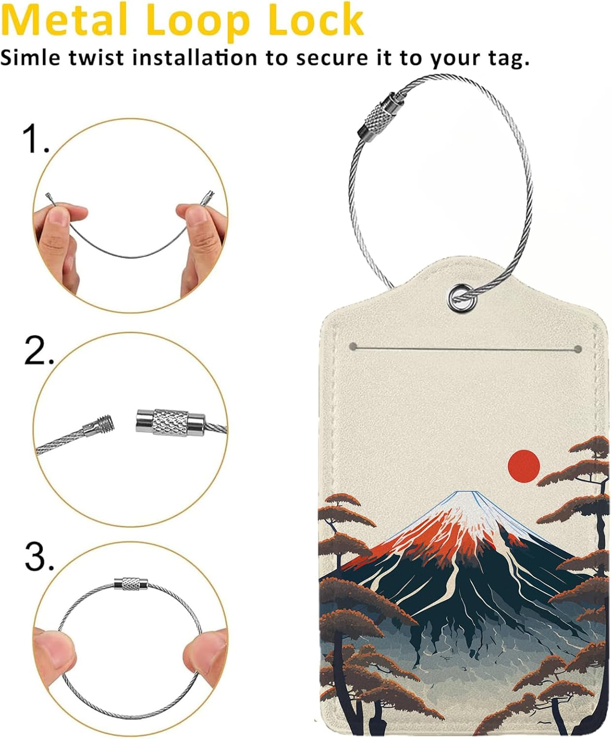 Mount Fuji 2-Pcs Premium Leather Tags with Privacy Covers,Luggage Tag Stainless Steel Loops Ideal for Suitcases, Travel Bags, Backpacks