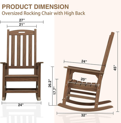 Psilvam Outdoor Rocking Chair, Poly Lumber Oversized Rocking Chair with 21" Wide Seat and 32" Tall Backrest, Pre-Assembled with Most Components for Effortless Installation(Bright Brown)