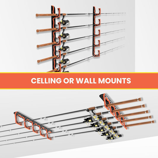 Fishing Rod Holder for Garage, H5 Wall or Ceiling Mounted Fishing Pole Holders with Soft Protective Pad, Fishing Rod Storage Organizer, Horizontal Fishing Rod Wall Mount Nets Storage (2 PACK)
