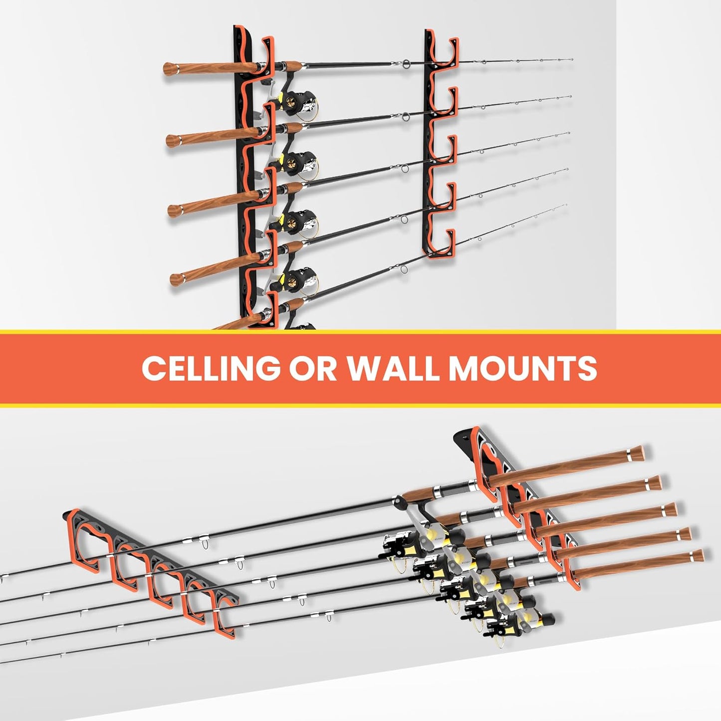 Fishing Rod Holder for Garage, H5 Wall or Ceiling Mounted Fishing Pole Holders with Soft Protective Pad, Fishing Rod Storage Organizer, Horizontal Fishing Rod Wall Mount Nets Storage (4 PACK)