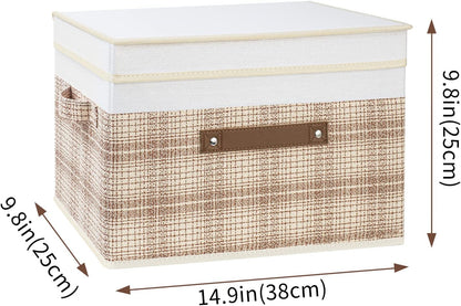 TYEERS Collapsible Storage Bins with Lids, Patchwork Design, Washable, Fabric Storage Boxes, 14.9x9.8x9.8 inches, 3 Pack, Camel Tan