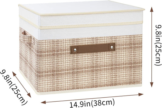 TYEERS Collapsible Storage Bins with Lids, Patchwork Design, Washable, Fabric Storage Boxes, 14.9x9.8x9.8 inches, 3 Pack, Camel Tan