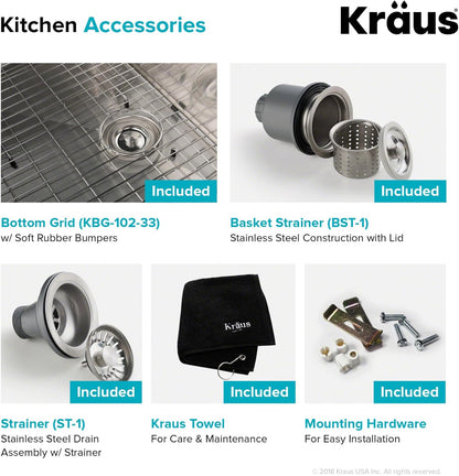 KRAUS Standart Pro 33 -inch Undermount 50/50 Double Bowl 16 Gauge Stainless Steel Kitchen Sink, KHU102-33