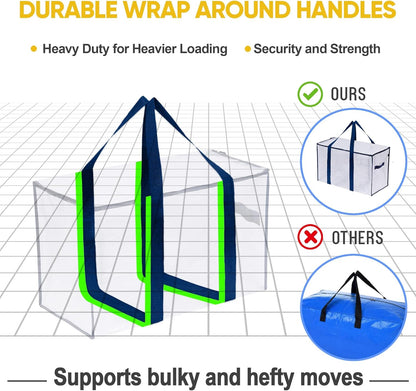 VENO 4 Pack Moving Bags, Heavy Duty, Moving Boxes Alternative, Packing Storage Supplies for Dorm Room Essentials with Zipper for Clothes, Extra Large Totes for Packaging (Clear, 4 Pack)