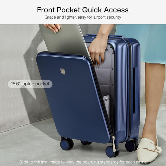 Hanke Grace Carry On Luggage with Wheels Airline Approved Hard Shell Suitcases with Front Pocket，Top Opening Luggage with TSA Lock for Short Business Travel，Dark Blue