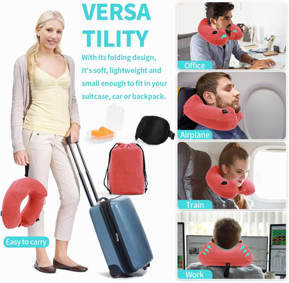 2 Pack Inflatable Travel Neck Pillows for Airplanes, Head Support Velvet Adult Neck Pillows for Long Flight, Kit with Eye Mask, Earplugs and Storage Bag, 2, Rose Pink