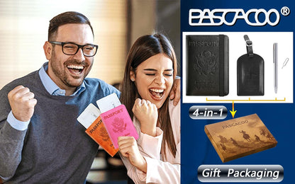 Passport Holder With Luggage Tag Travel Essentials Passport Cover Wallet RFID Blocking Leather Case International Must Haves Travel Accessories Women Men(115#Black)