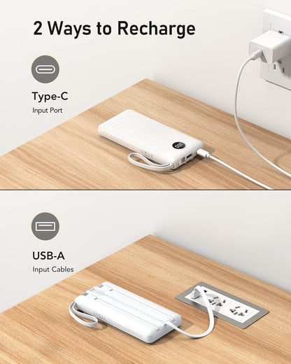 VEEKTOMX Portable Charger with Built in Cables 10000mAh, USB C Power Bank with 5 Outputs and LED Display, Small & Slim Battery Pack Compatible with iPhone/iPad/Samsung and Android Devices for Travel