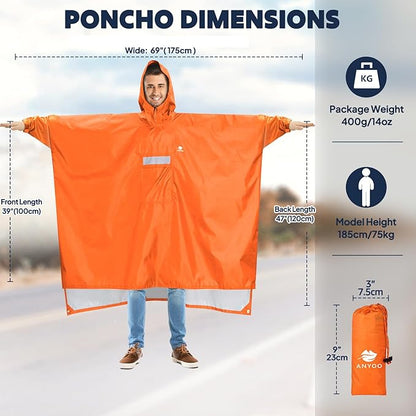 ANYOO Hooded Rain Poncho for Adults Waterproof Lightweight Rain Coat for Men Women Reusable Rain Jacket for Emergency Outdoor