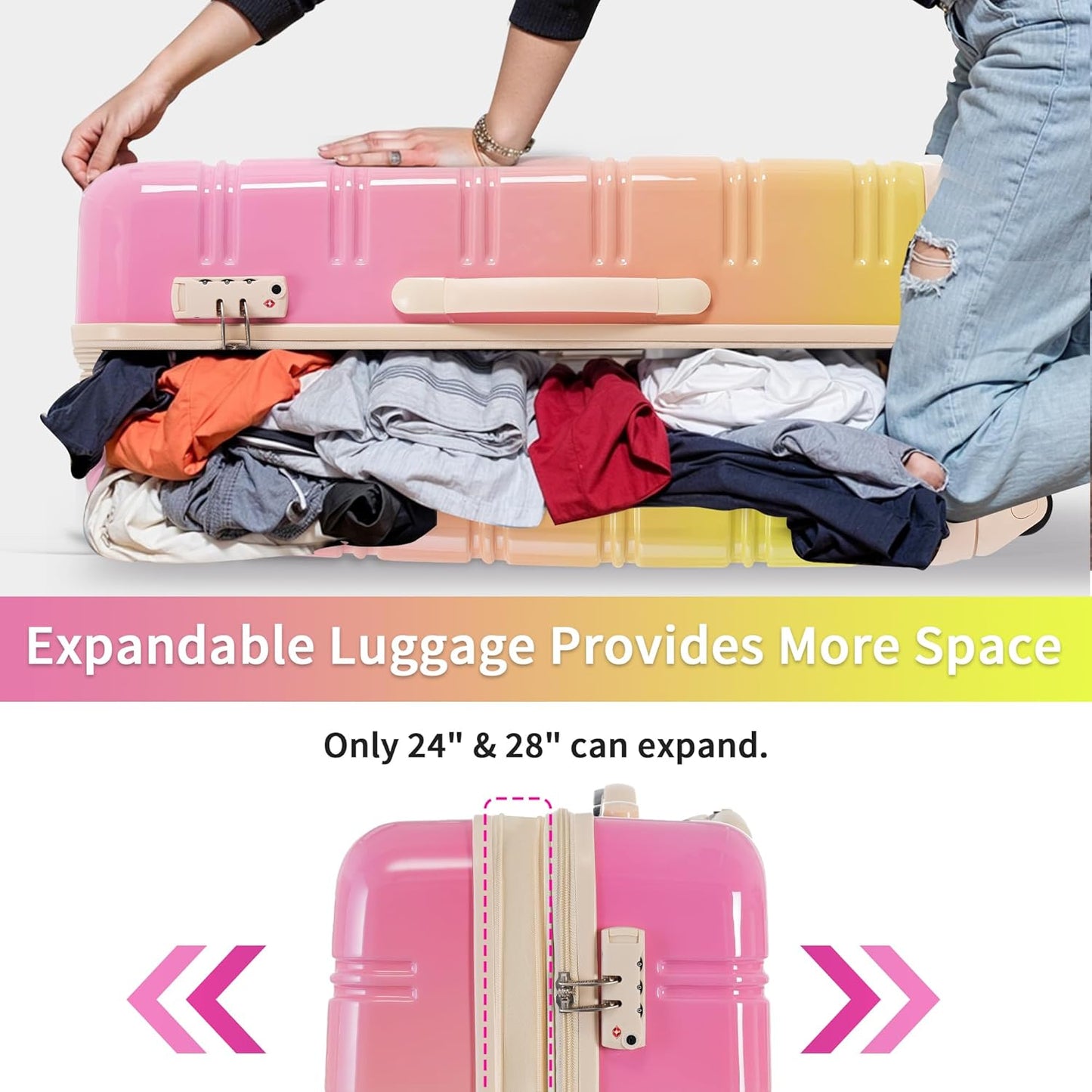 Merax Luggage Sets 3 Piece, Hardside Expandable Suitcase Set with Spinner Wheels, Lightweight Gradient Color Luggage 20+24+28 IN,Gradient Pink