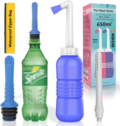 2PCS-Pack 2in1 Vaginal Douche Perineal Irrigation 650ML Portable Bidet + Pocket Bidet Pipe, Travel Bidet with Waterproof Cap, Peri Bottle for Postpartum Essentials