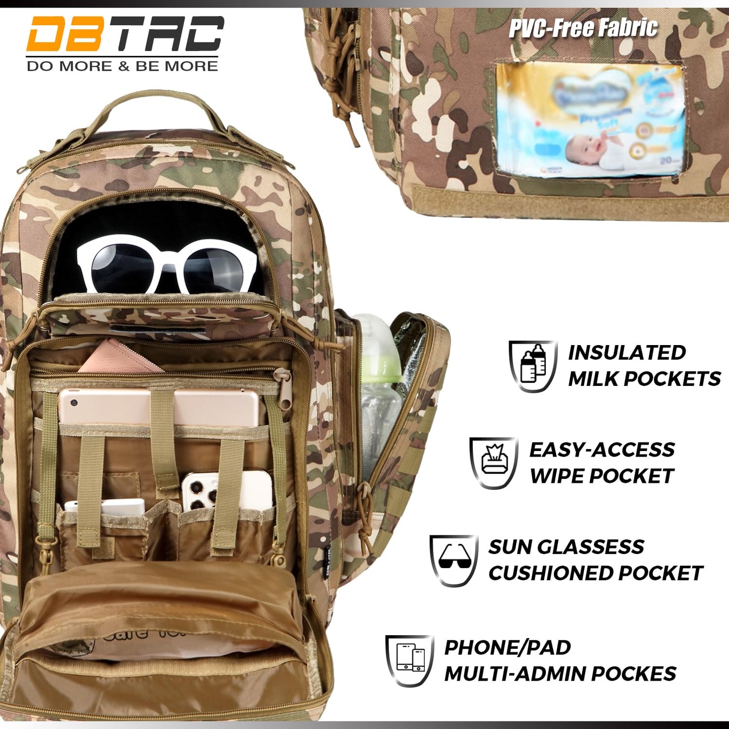 Diaper Bag Backpack for Dad, DBTAC Large Baby Nappy Bag for Men w/Changing Mat, Insulated+Wipe Pockets, Stroller Straps, CP Camo