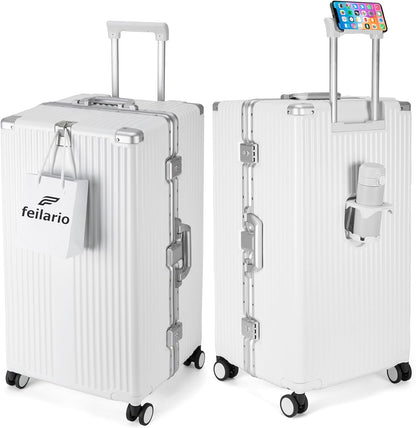 feilario 30in Super Large Captain Aluminum Frame Hardside Spinner Wheels Luggage, Removable Wheels Zipperless Checked Suitcase with Cup Holder/Phone Holder