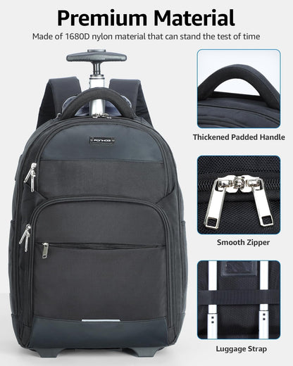 Rolling Backpack, 30L Travel Laptop Backpack with Wheels, 15.6 Inch Roller Carry on Luggage with USB Charging Port, Flight Approved Personal Item Wheeled Suitcase for Men Women Adults, Black