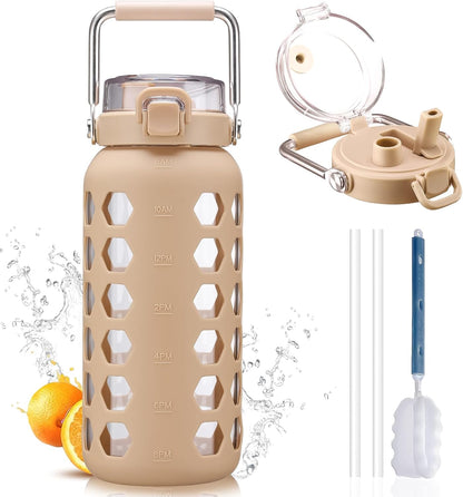 MUKOKO 64oz Glass Water Bottles with Straw and Lid,Half Gallon Water Bottle with Time Marker,Large Glass Water Jug with Silicone Sleeve and Stainless Steel Handle-Amber