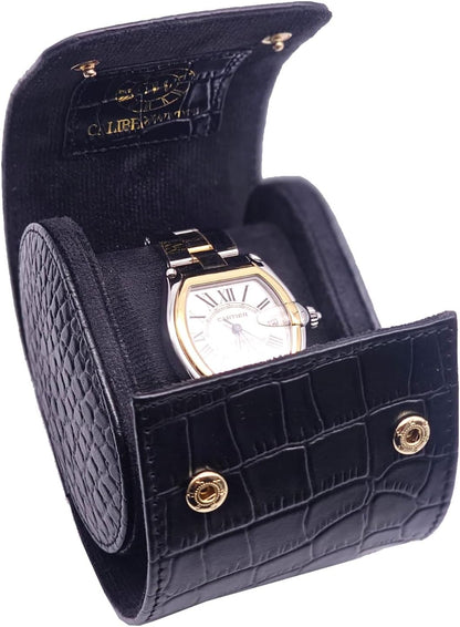 Genuine Napa Leather Watch Roll Travel Case for 3 Watches - Travel Watch Rolls and Leather Watch Display Cases with Velvet Interior - Watch Storage Organizer Men's (Blac - Single)