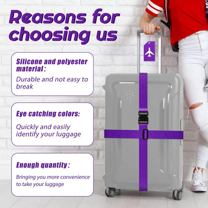 Weewooday 8 Pcs Luggage Straps Suitcase Tags Set for TSA Approved, 4 Travel Adjustable Suitcase Belt, 4 Silicone Luggage Tags with Name ID Card Travel Accessories(Dark Purple,Airplane)