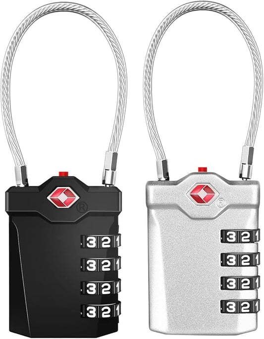 ZHEGE TSA Luggage Locks, Zipper Lock with Inspection Indicator, 4 Digit Cable Lock with 5.5 Inch Flexible Cable for Suitcase, Backpack, Baggage, Gym Locker, Toolbox (2 Pack, Black and Silver)