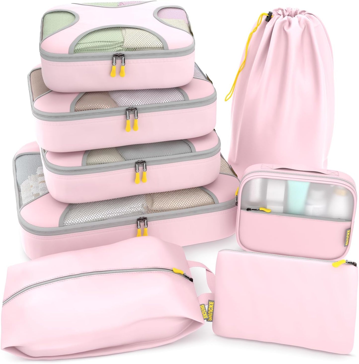 Shacke Premium 8 Packing Cubes Set - Lightweight Mesh Travel Luggage Organizers with Laundry Bag, 8-Piece Suitcase Storage System (Petal Pink)