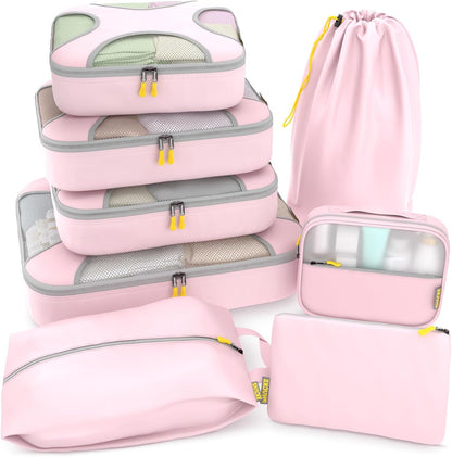Shacke Premium 8 Packing Cubes Set - Lightweight Mesh Travel Luggage Organizers with Laundry Bag, 8-Piece Suitcase Storage System (Petal Pink)