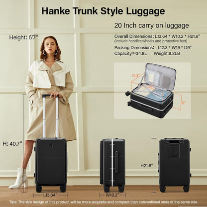 Hanke 20 Inch Carry On Luggage with Cup Holder and Charge,Top Opening Hard Shell Suitcases with Wheels and Dividers,Aluminum Frame Trunk Luggage Small Suitcase with Lock for Travel,Jet Black