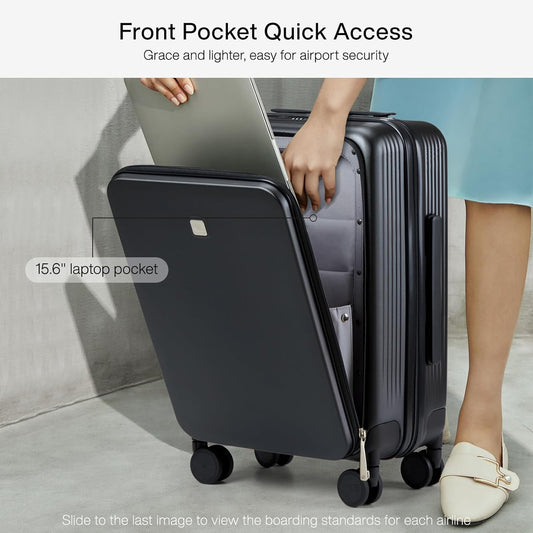 Hanke Grace Carry On Luggage with Wheels Airline Approved Hard Shell Suitcases with Front Pocket，Top Opening Luggage with TSA Lock for Short Business Travel， Jet Black.