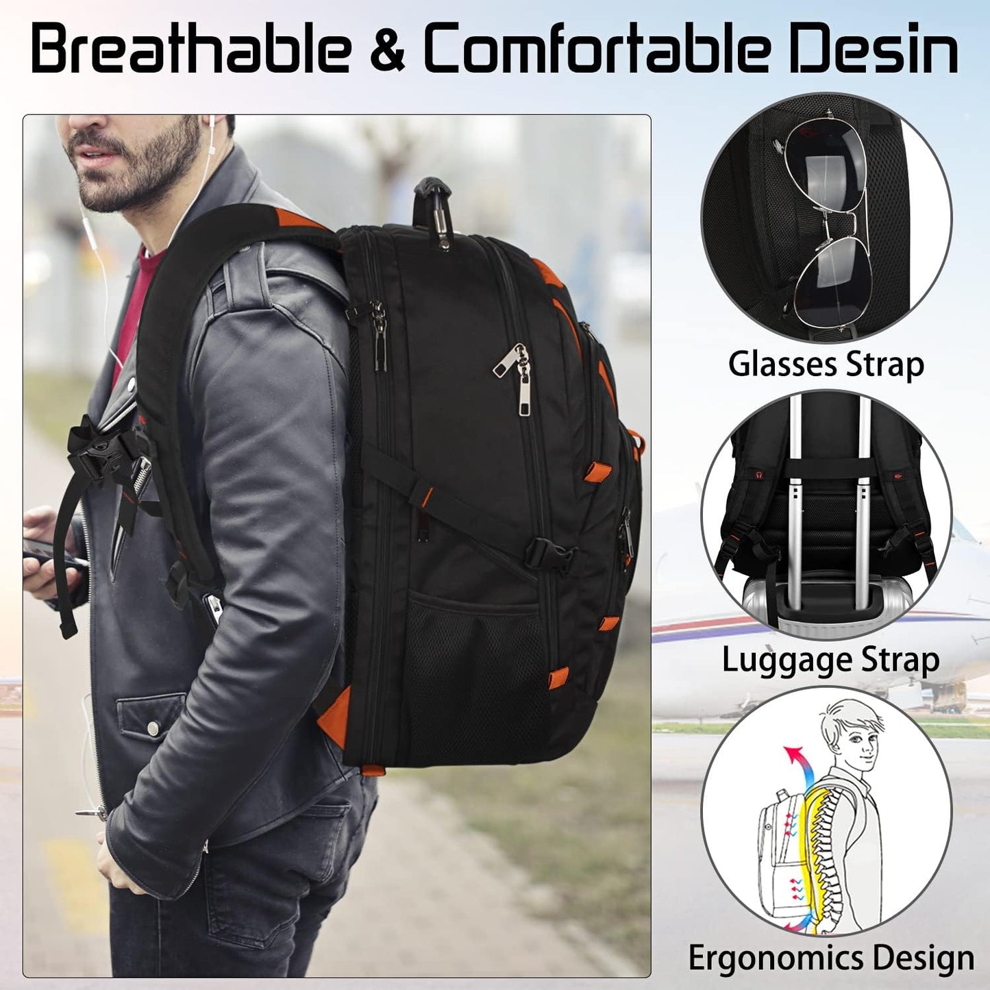 18.4 Laptop Backpack Women Men, 55L-60L Flight Approved Extra Large Travel Backpack RFID Anti Theft and TSA Friendly Backpack, Water Resistant College School Heavy Duty With USB Charging Port, Orange